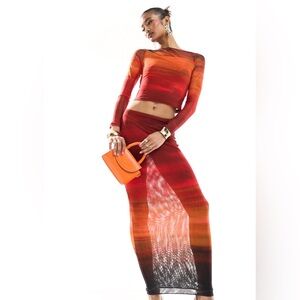 NWT Farai London Cleo mesh long sleeve top and midi skirt SET Red Ombre size XS